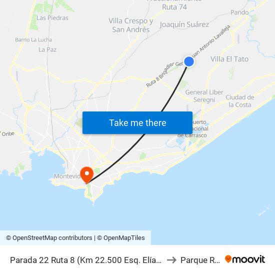 Parada 22 Ruta 8 (Km 22.500 Esq. Elías Regules) to Parque Rodó map