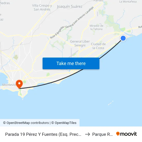 Parada 19 Pérez Y Fuentes (Esq. Precursores) to Parque Rodó map