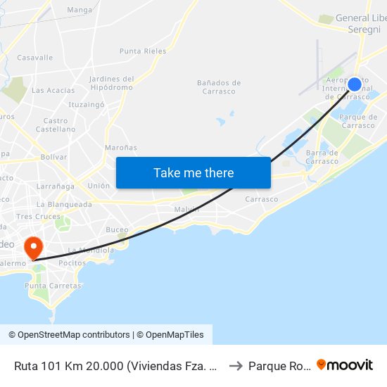 Ruta 101 Km 20.000 (Viviendas Fza. Aérea) to Parque Rodó map