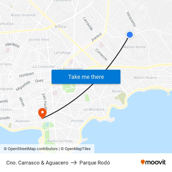 Cno. Carrasco & Aguacero to Parque Rodó map