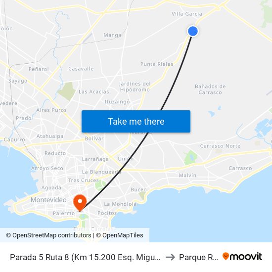 Parada 5 Ruta 8 (Km 15.200 Esq. Miguel Estevez) to Parque Rodó map