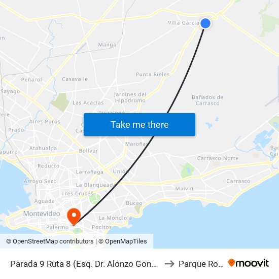 Parada 9 Ruta 8 (Esq. Dr. Alonzo González) to Parque Rodó map