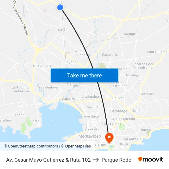 Av. Cesar Mayo Gutiérrez & Ruta 102 to Parque Rodó map