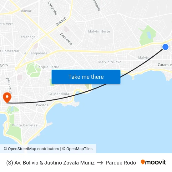 (S) Av. Bolivia & Justino Zavala Muniz to Parque Rodó map