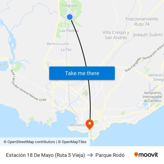 Estación 18 De Mayo (Ruta 5 Vieja) to Parque Rodó map