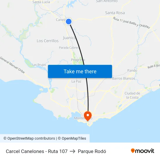 Carcel Canelones - Ruta 107 to Parque Rodó map