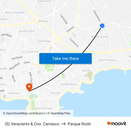 (S) Veracierto & Cno. Carrasco to Parque Rodó map