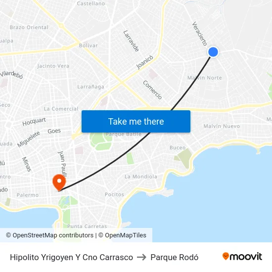 Hipolito Yrigoyen Y Cno Carrasco to Parque Rodó map
