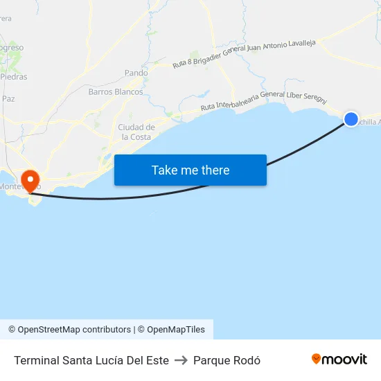 Terminal Santa Lucía Del Este to Parque Rodó map