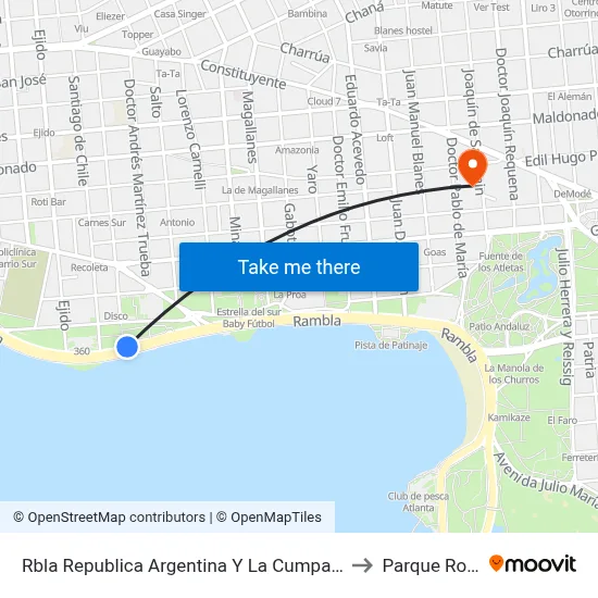 Rbla Republica Argentina Y La Cumparsita to Parque Rodó map