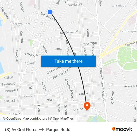 (S) Av Gral Flores to Parque Rodó map
