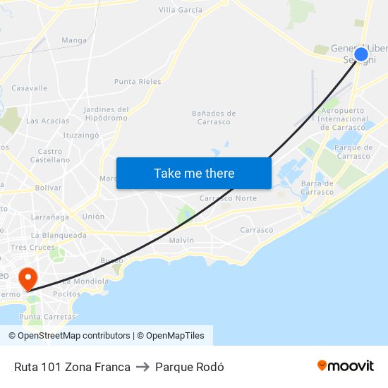 Ruta 101 Zona Franca to Parque Rodó map