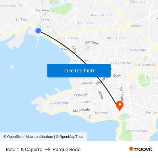 Ruta 1 & Capurro to Parque Rodó map