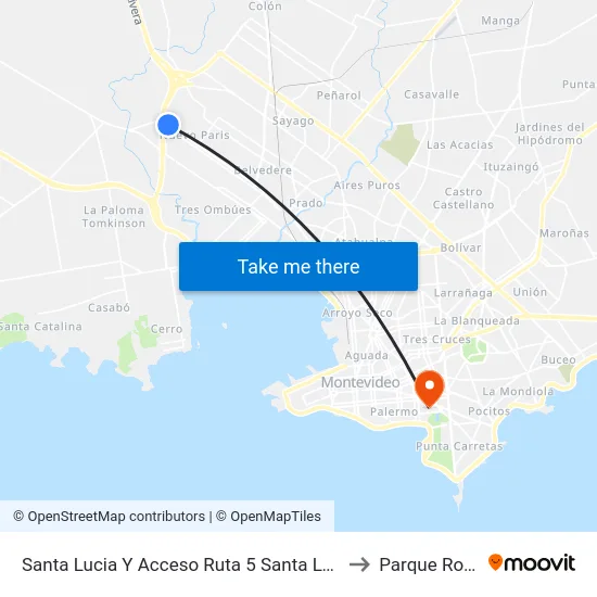 Santa Lucia Y Acceso Ruta 5 Santa Lucia to Parque Rodó map