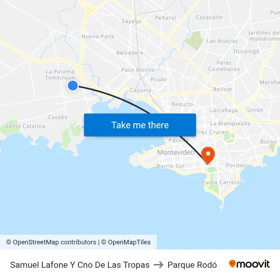 Samuel Lafone Y Cno De Las Tropas to Parque Rodó map