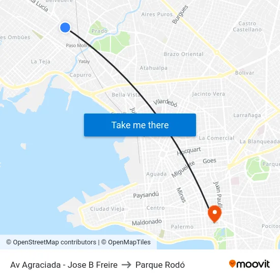 Av Agraciada - Jose B Freire to Parque Rodó map