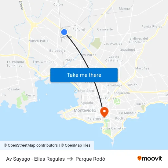 Av Sayago - Elias Regules to Parque Rodó map