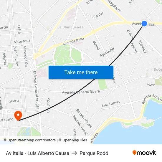 Av Italia - Luis Alberto Causa to Parque Rodó map