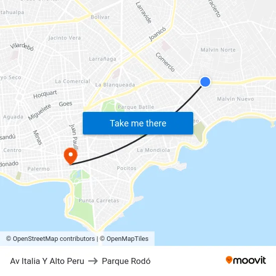 Av Italia Y Alto Peru to Parque Rodó map