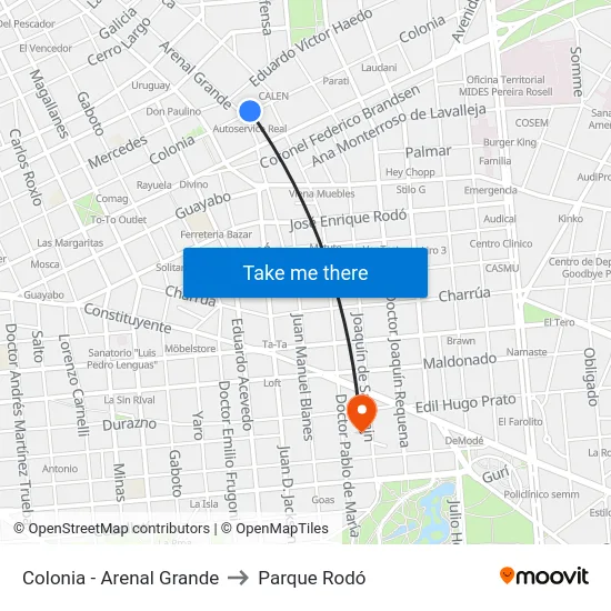 Colonia - Arenal Grande to Parque Rodó map