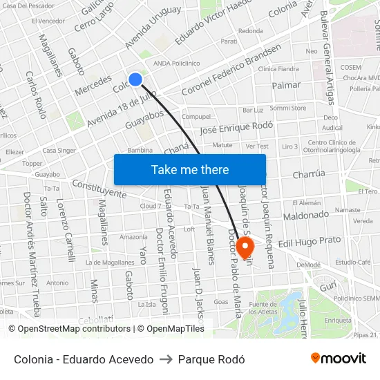 Colonia - Eduardo Acevedo to Parque Rodó map
