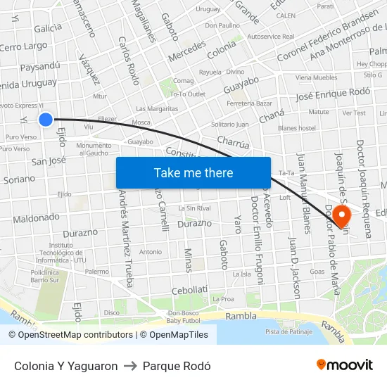 Colonia Y Yaguaron to Parque Rodó map