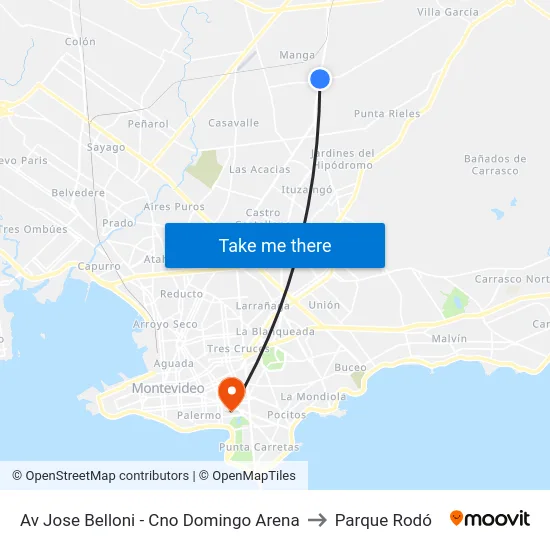 Av Jose Belloni - Cno Domingo Arena to Parque Rodó map
