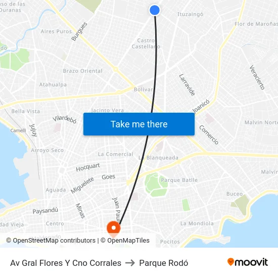 Av Gral Flores Y Cno Corrales to Parque Rodó map