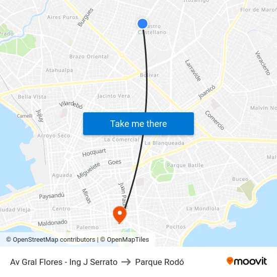 Av Gral Flores - Ing J Serrato to Parque Rodó map