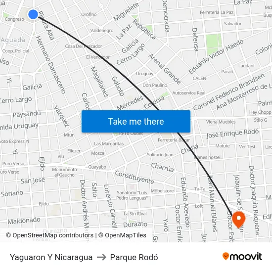 Yaguaron Y Nicaragua to Parque Rodó map