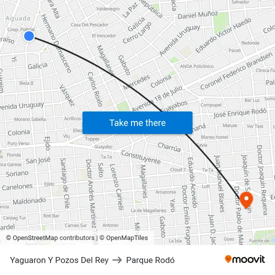 Yaguaron Y Pozos Del Rey to Parque Rodó map
