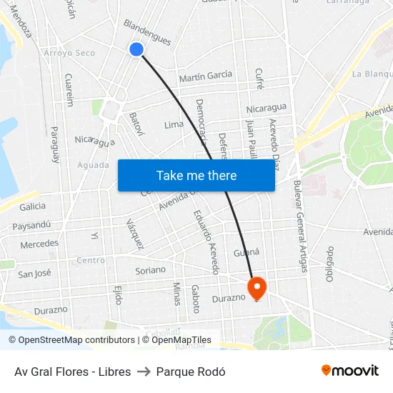 Av Gral Flores - Libres to Parque Rodó map