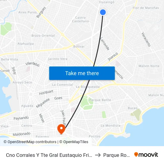 Cno Corrales Y Tte Gral Eustaquio Frias to Parque Rodó map