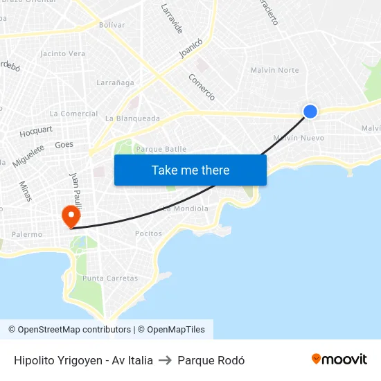Hipolito Yrigoyen - Av Italia to Parque Rodó map