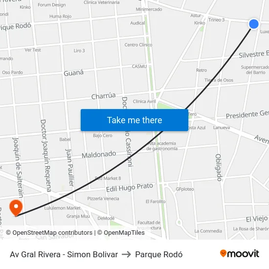Av Gral Rivera - Simon Bolivar to Parque Rodó map