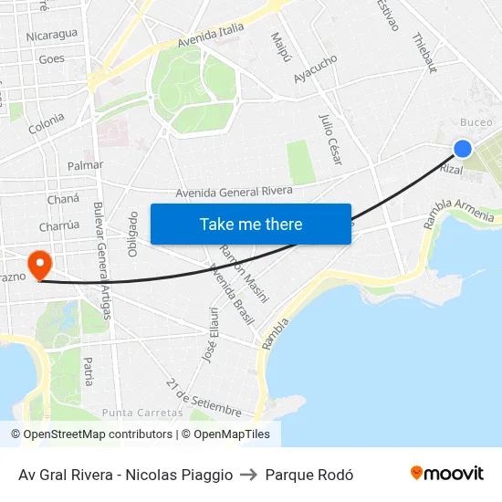 Av Gral Rivera - Nicolas Piaggio to Parque Rodó map
