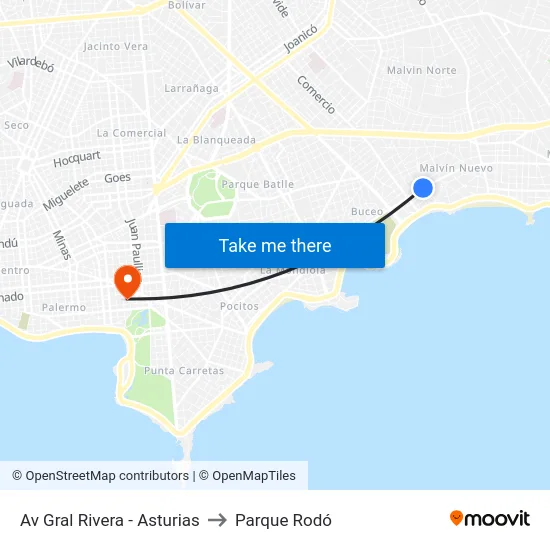 Av Gral Rivera - Asturias to Parque Rodó map