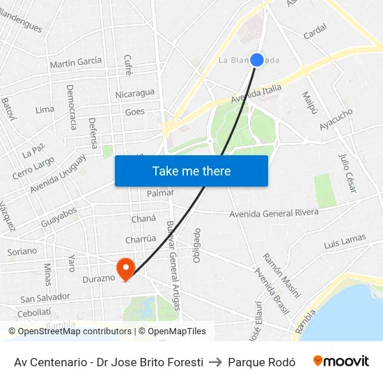 Av Centenario - Dr Jose Brito Foresti to Parque Rodó map