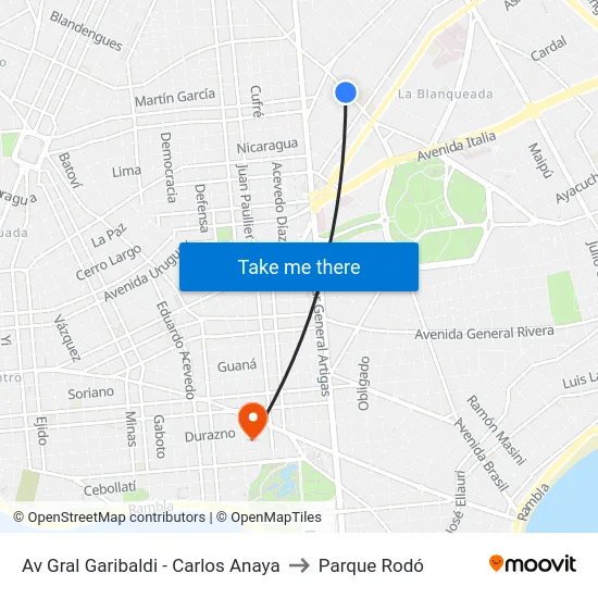 Av Gral Garibaldi - Carlos Anaya to Parque Rodó map