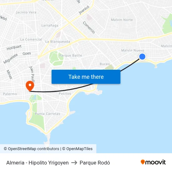 Almeria - Hipolito Yrigoyen to Parque Rodó map