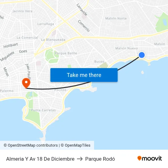 Almeria Y Av 18 De Diciembre to Parque Rodó map
