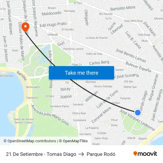 21 De Setiembre - Tomas Diago to Parque Rodó map