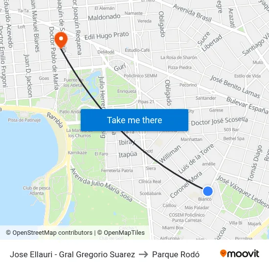 Jose Ellauri - Gral Gregorio Suarez to Parque Rodó map