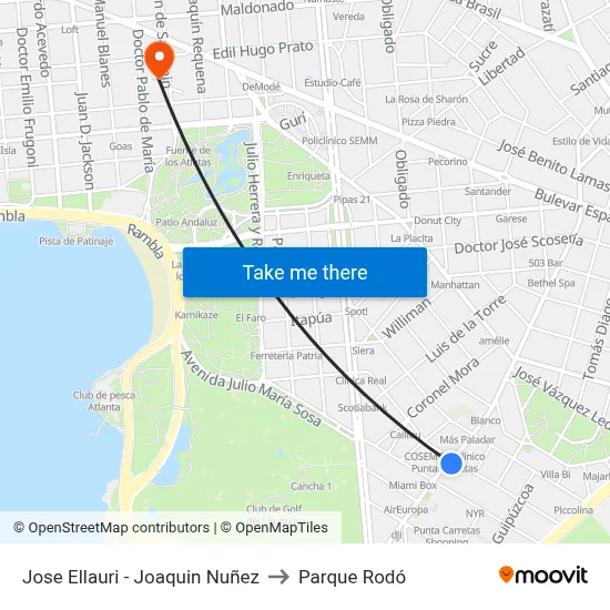 Jose Ellauri - Joaquin Nuñez to Parque Rodó map