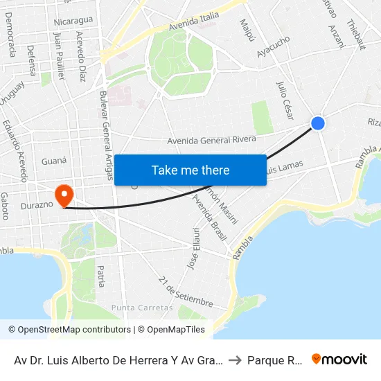 Av  Dr. Luis Alberto De Herrera Y Av Gral Rivera to Parque Rodó map