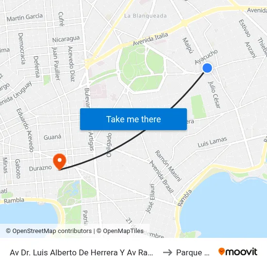 Av  Dr. Luis Alberto De Herrera Y Av Ramon Anador to Parque Rodó map