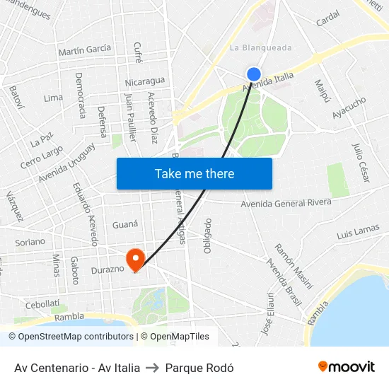 Av Centenario - Av Italia to Parque Rodó map