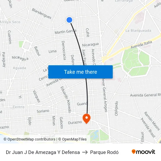 Dr Juan J De Amezaga Y Defensa to Parque Rodó map