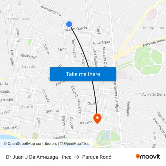 Dr Juan J De Amezaga - Inca to Parque Rodó map
