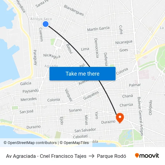 Av Agraciada - Cnel Francisco Tajes to Parque Rodó map